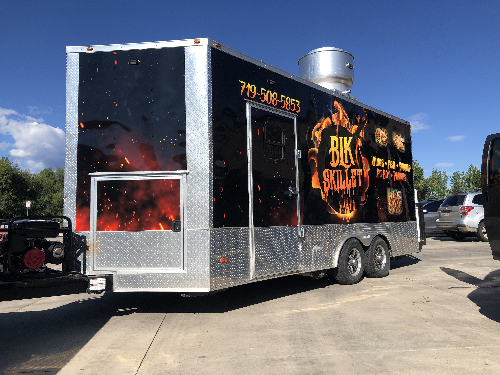 BLK Skillet Food Trailer with a new vinyl wrap showing branding created by LD Wraps.